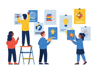 Team Collaboration for Idea Presentation: A dynamic team meticulously arranges and presents innovative concept designs on a wall. The scene highlights the power of teamwork.