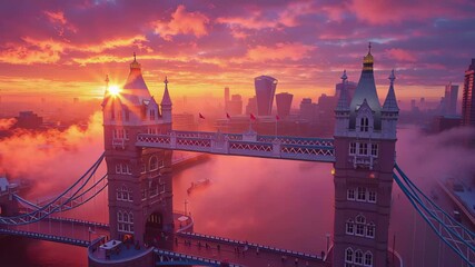 Stunning sunrise over Tower Bridge and the Shard in London with vibrant colors and misty ambiance - Powered by Adobe