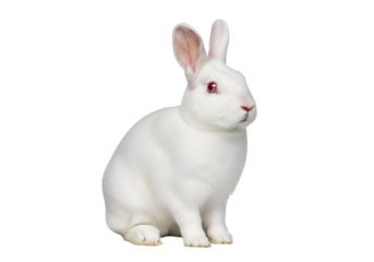 Adorable white rabbit with pink eyes sitting against a black background in a realistic style