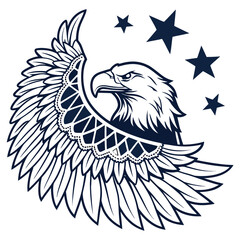 Majestic eagle head with open wing and stars emblematic of freedom and patriotism in a stylized line art design