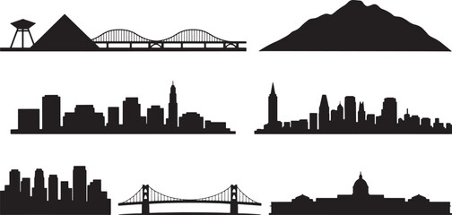 Obraz premium Detailed Cityscape Silhouette Collection Featuring Iconic Landmarks and Urban Skyline Designs
