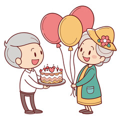 A cheerful elderly man presents a beautifully decorated cake with heart shaped candles to a happy elderly woman holding balloons celebrating a special occasion together