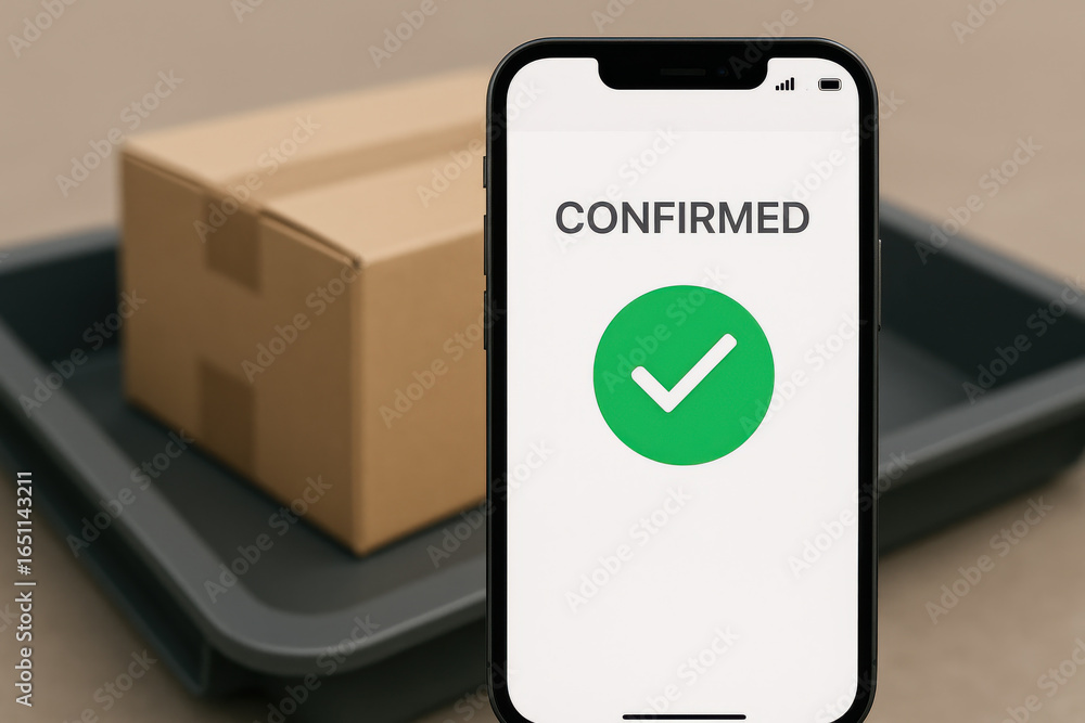 Poster confirmed message on smartphone screen with cardboard box on tray in background
