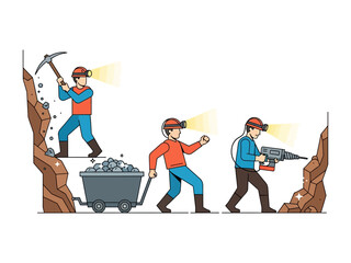 Mining Process Illustration: Three miners in various phases of mining in a vibrant illustration, showcasing the different tools and techniques used to extract valuable resources from the earth. 