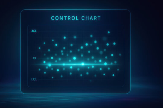 Control chart with glowing data points showing upper and lower control limits in blue light