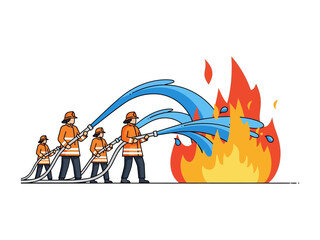 Firefighters' Courage in Action: Firefighters bravely combat a raging fire with powerful jets of water. Illustrating their commitment and bravery in the face of danger.