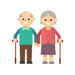 Happy elderly couple standing together holding hands and canes with a simple flat design and black background