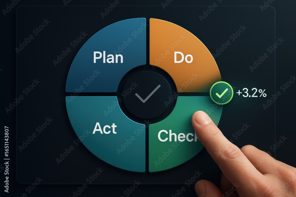 Poster plan do act check cycle with hand pointing on check section showing progress increase
