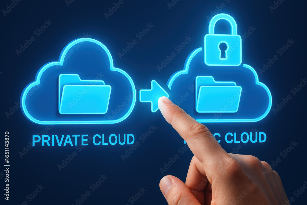 Poster hand pointing digital cloud storage icons representing private and public cloud security concept