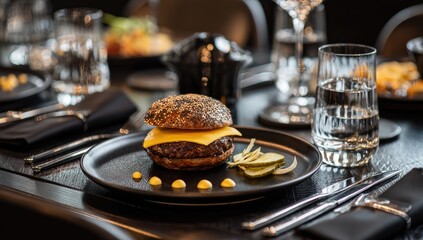 Fototapeta premium Gourmet cheeseburger on a black plate, amidst a sophisticated dinner setting
