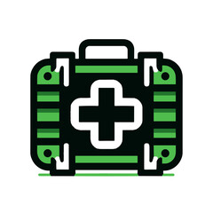 Obraz premium Modern first aid kit illustration with bold cross symbol, vibrant green and black vector design on transparent background