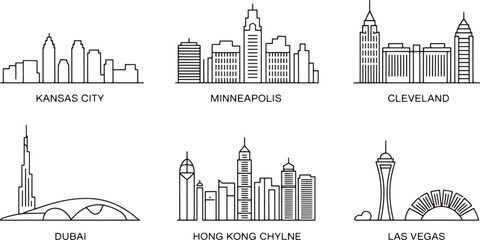 Detailed Line Art Skyline Collection Featuring Kansas City, Minneapolis, Cleveland, and Dubai