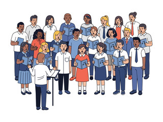 Harmonic Harmony: A diverse choir of singers, guided by their conductor, united in perfect pitch and rhythm, creating a beautiful musical performance.