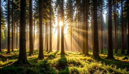 Fototapeta premium Sunbeams in Pine Forest Dawn.