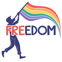 Person holding a rainbow flag with the word freedom written in bold letters symbolizing lgbtq pride and liberation