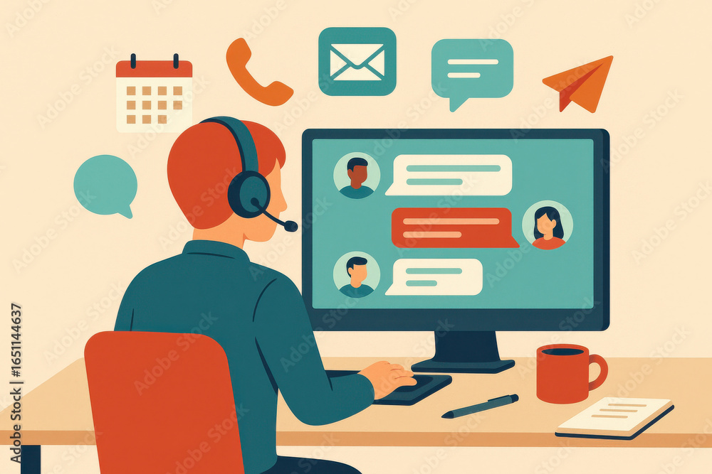 Poster customer service representative working with headset and computer chatting online