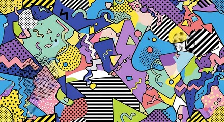 Colorful Abstract Geometric Pattern – Vibrant Memphis-Style Design with Shapes and Lines on White Background