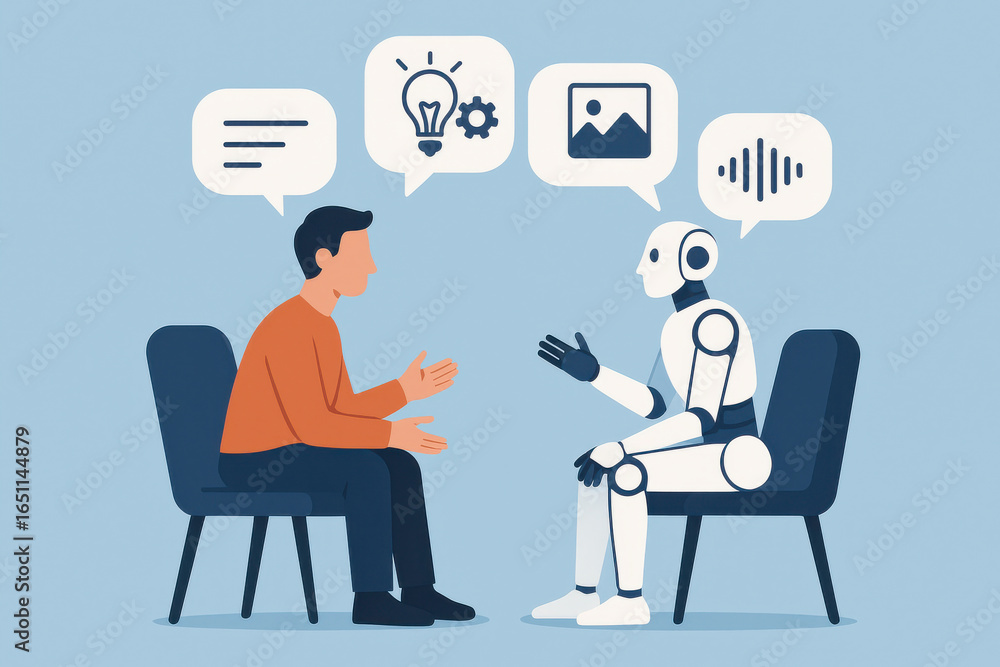 Poster human and robot sitting on chairs having conversation with speech bubbles showing ideas and media