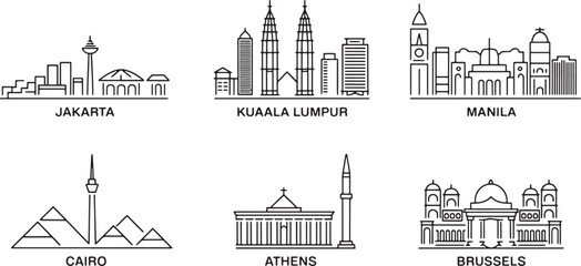 Naklejka premium Cityscape Outlines of Jakarta, Kuala Lumpur, Manila, Cairo, Athens, and Brussels Landmarks