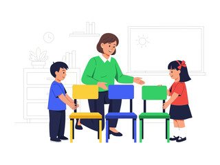 Childcare Lesson: A caring educator guides two children in a lesson, using colorful chairs to create an engaging and educational activity. The scene evokes a sense of nurturing, education.