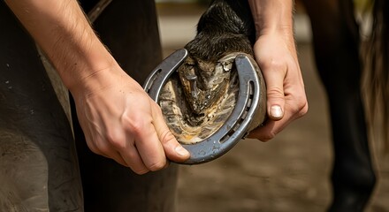 Skilled farrier carefully fitting a new horseshoe onto a horse's hoof during a routine shoeing appointment
