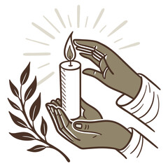 Two hands gently hold a lit candle with a sprig of leaves nearby symbolizing hope and light