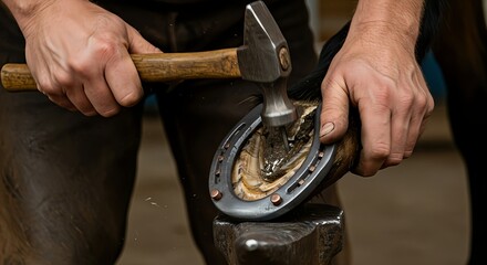 Blacksmith Working On Horseshoe With Hammer And Anvil For Horse Hoof Care