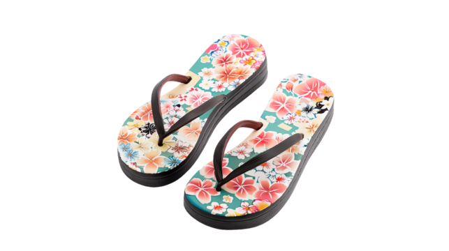 PNG a pair of sandals with a floral print on the sole on a transparent background