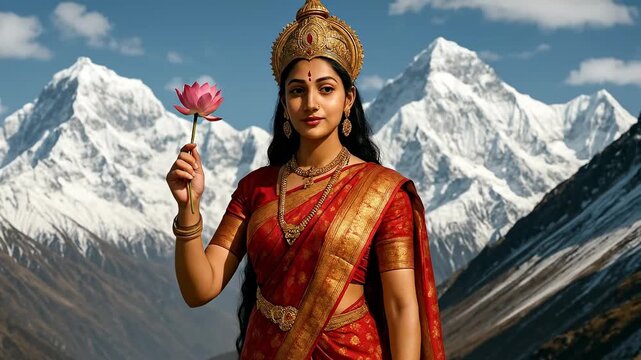 Parvati Hindu Goddess of Love, Fertility, and Devotion Gracefully Dressed in a Red and Gold Sari Symbolizing Beauty, Strength, and Divine Grace