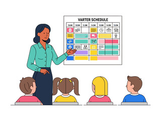 Teaching Schedule: An educator enthusiastically explains a day's timetable to a group of focused learners, encapsulating the vibrancy of education and organized instruction.