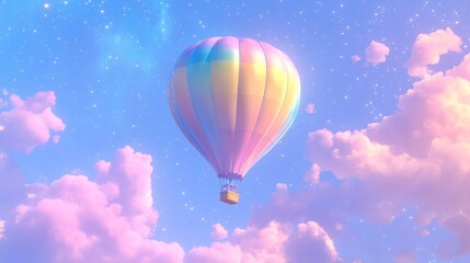 Fototapeta premium Pastel hot air balloon floats among soft clouds in a starry sky