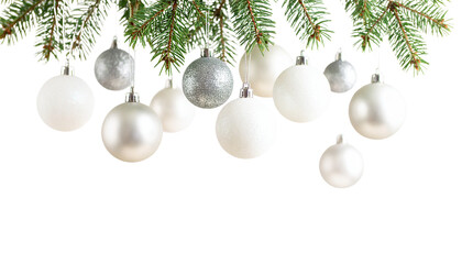 Silver and gold glass Christmas balls hang from a green pine branch, a festive holiday decoration against a simple white background