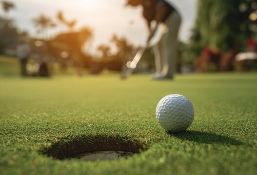 Golf ball on the green, golfer in the background - Powered by Adobe