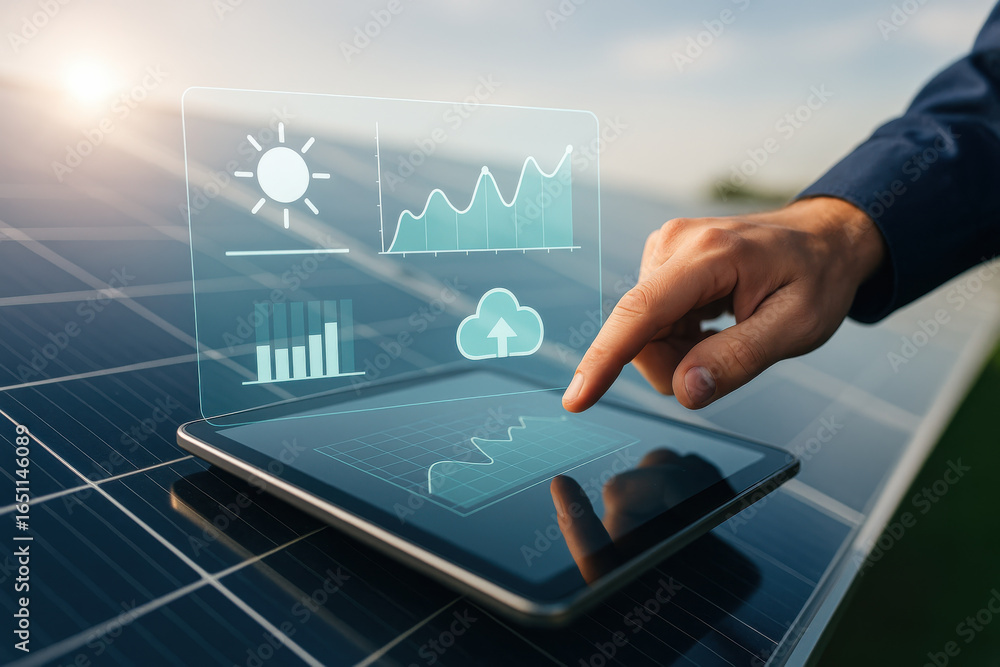 Poster solar panel tablet data analysis with hand and futuristic interface