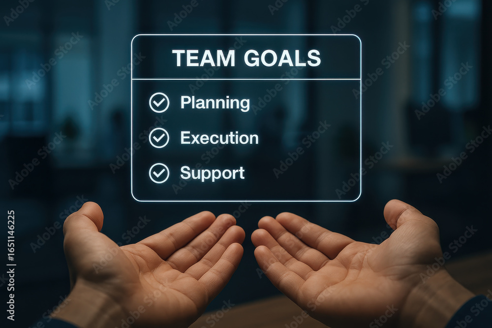 Poster team goals planning execution and support concept with open hands showing commitment and trust