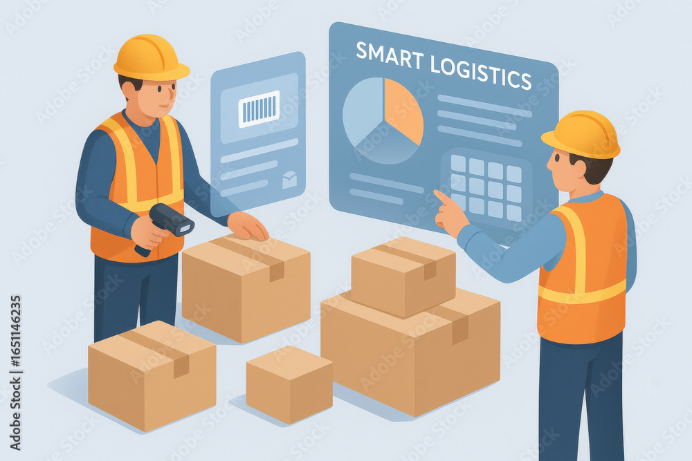 Poster smart logistics concept with workers scanning packages and analyzing data charts