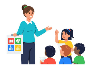 Educational Interaction: A dedicated teacher engaging a group of attentive children with a colorful learning aid, fostering curiosity and knowledge, captured in an inviting illustration style.