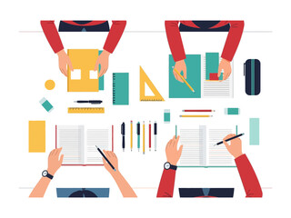 Study Session: The meticulous arrangement of study supplies and hands above a desk, showcasing the organization and focus required for academic excellence.