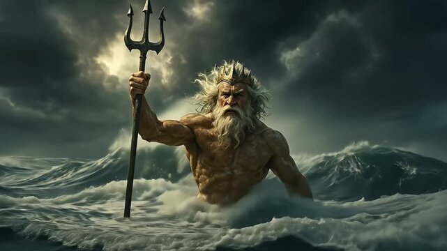 Poseidon Greek God of the Sea Emerging from Crashing Ocean Waves with Trident Raised High Symbolizing Power, Storms, and Dominion Over the Waters