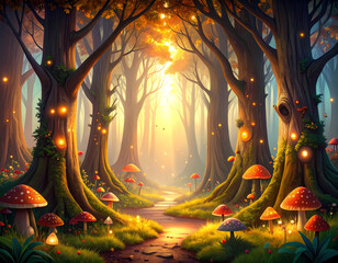 Magic enchanted forest path with glowing mushroom and light. Whimsical fairytale autumn landscape evoking wonder, fantasy, and tranquility