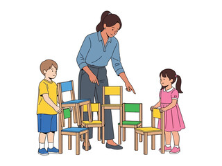 Teaching Moment: A dedicated educator guides two young children through a fun, vibrant learning experience, teaching with a focus on engagement and exploration, fostering curiosity in early education.