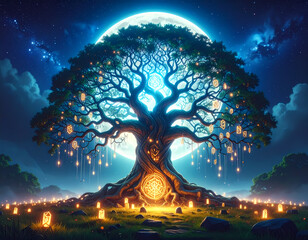 Magical glowing tree at night under full fantasy moon. Mystical serene light from lanterns creating spiritual concept in an enchanted forest