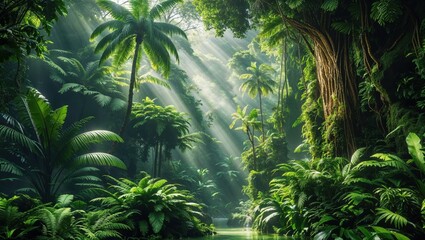 Lush tropical rainforest canopy, sunlight filtering through dense foliage, serene jungle scene.