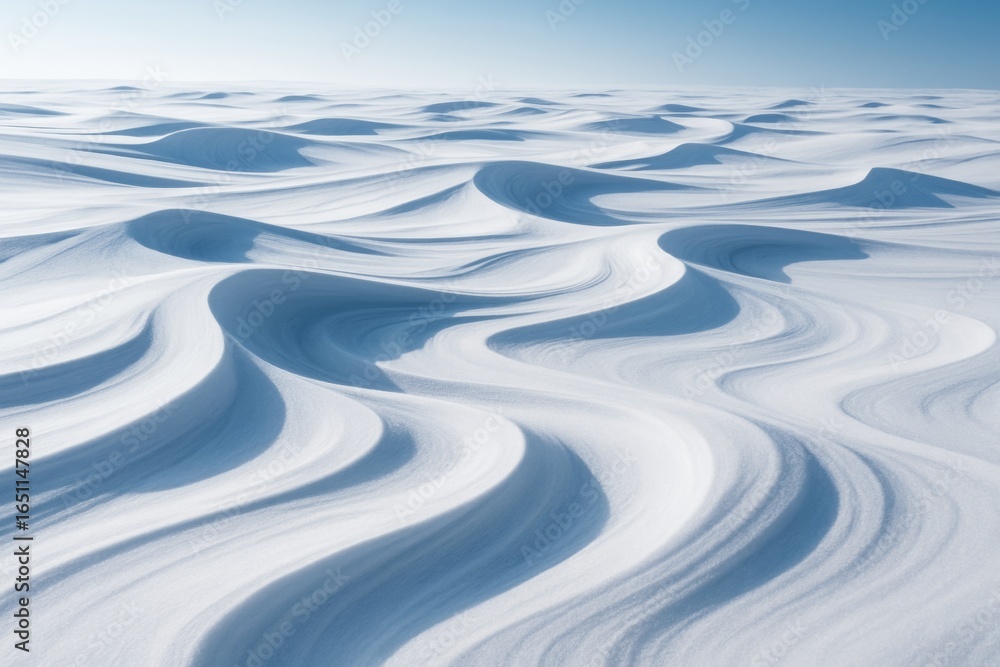 Poster abstract winter landscape of smooth snow dunes with soft curves under clear sky, evoking calm and mi