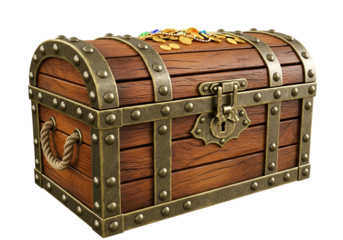 Ancient wooden treasure chest with gold coins and iron reinforcements on a black background
