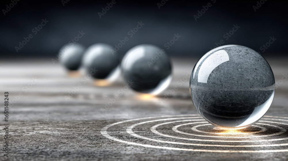 Poster four glass spheres are arranged in a line, casting shadows and reflecting light on a wooden surface,