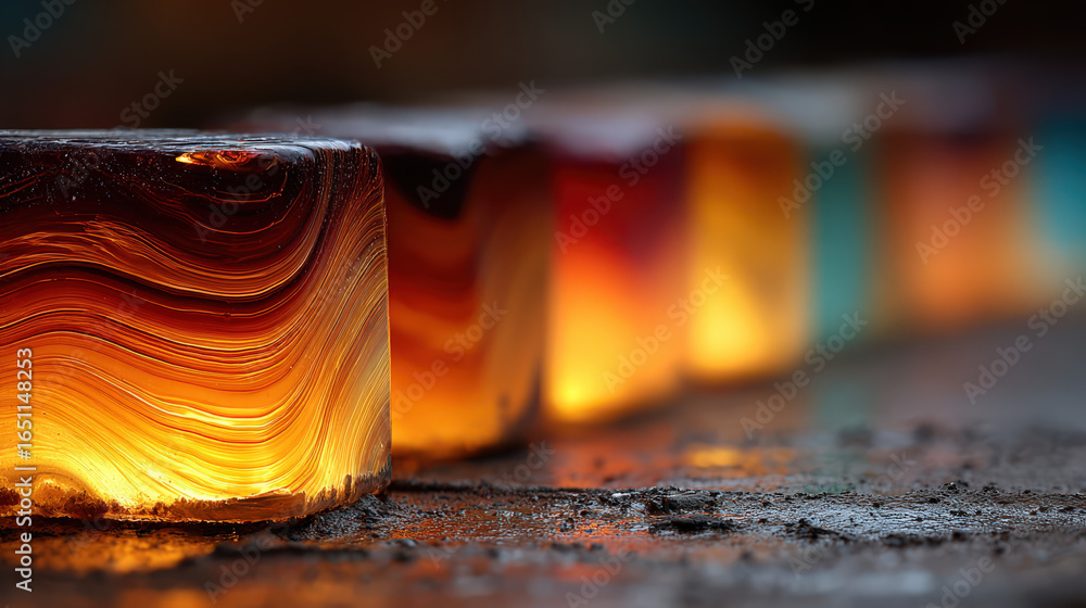 Poster colorful glass cubes glow warmly in a line, showcasing rich amber and blue hues with wavy patterns, 