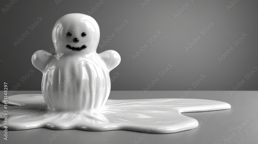 Poster a glossy white sculpture of a ghost with a smiling face sits atop a puddle of melting material again