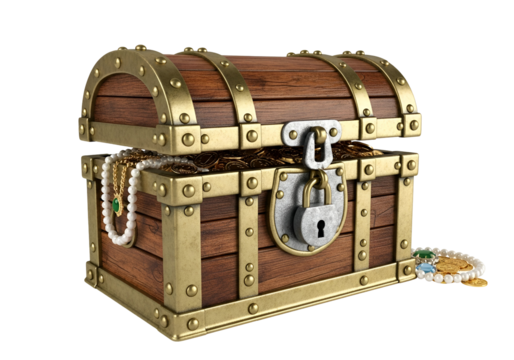 Antique wooden treasure chest with gold accents padlock and pearl necklaces on a black background