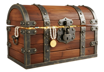 Antique wooden treasure chest with metal accents and a lock for storing valuables and jewelry